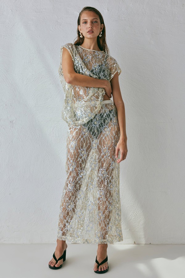 Devyn Sequin Lace Midi Skirt from Vrg Grl