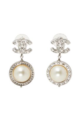 CC Baguette Crystal Faux Pearl Silver Tone Drop Earrings from Chanel 