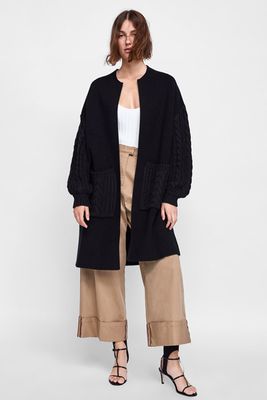 Contrasting Cable-Knit Coat