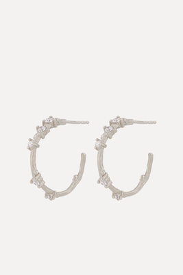 Solid White Gold Twig Diamond Hoop Earrings