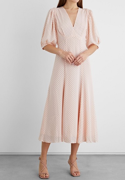 Angelica Shirred Polka-Dot Crepe Midi Dress