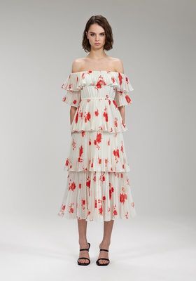 Daisy Print Pleated Strapless Midi Dress