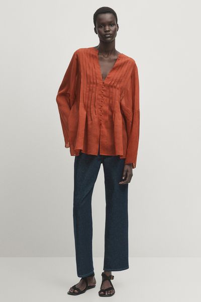 Ramie Blend Shirt With Pleated Detailing