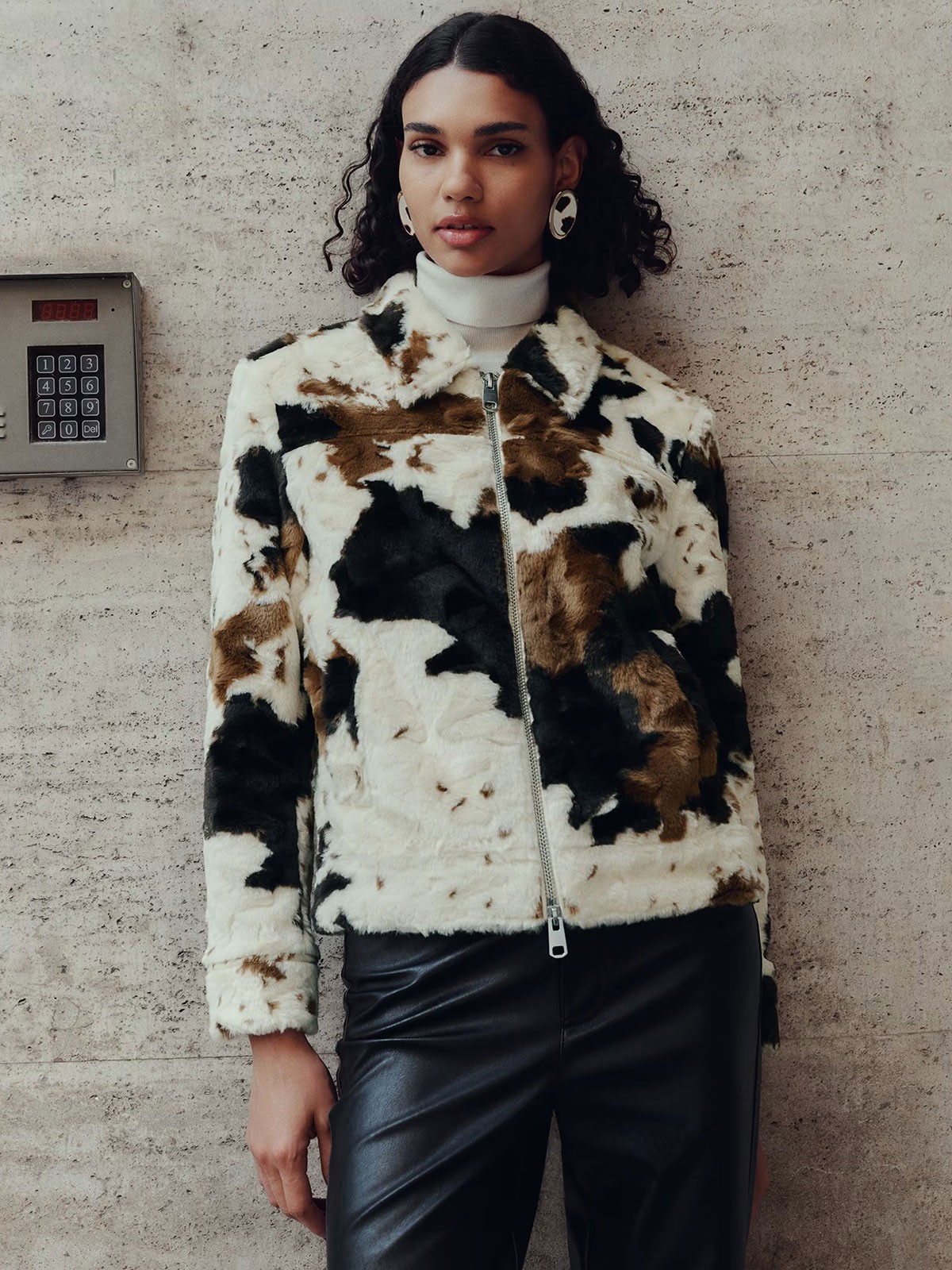 Faux Fur Cow Print Trucker Jacket