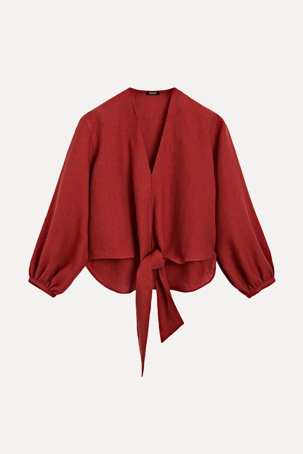 100% Linen Blouse With Tie Detail from Massimo Dutti