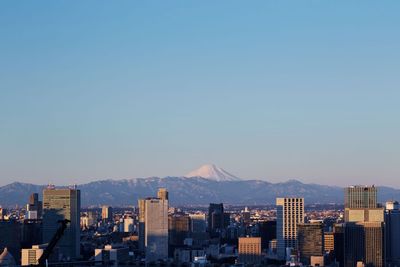 View from Aman Tokyo of the city skyline and Mount Fuji