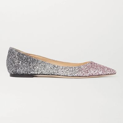 Romy Ombré Glittered Leather Point-Toe Flats from Jimmy Choo