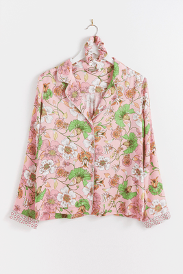 Razzle Dazzle Floral Print Shirt, Trousers & Scrunchie Pink Pyjama Set from Oliver Bonas