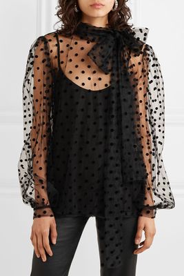 Bow-Embellished Polka-dot Flocked Tulle Blouse from Costarellos