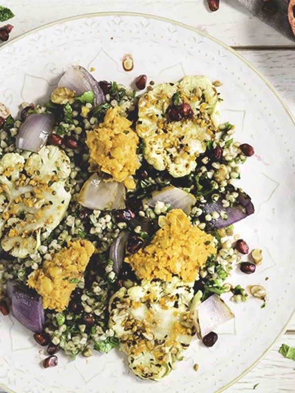 Cauliflower Steaks, Harissa Hummus & Walnuts 