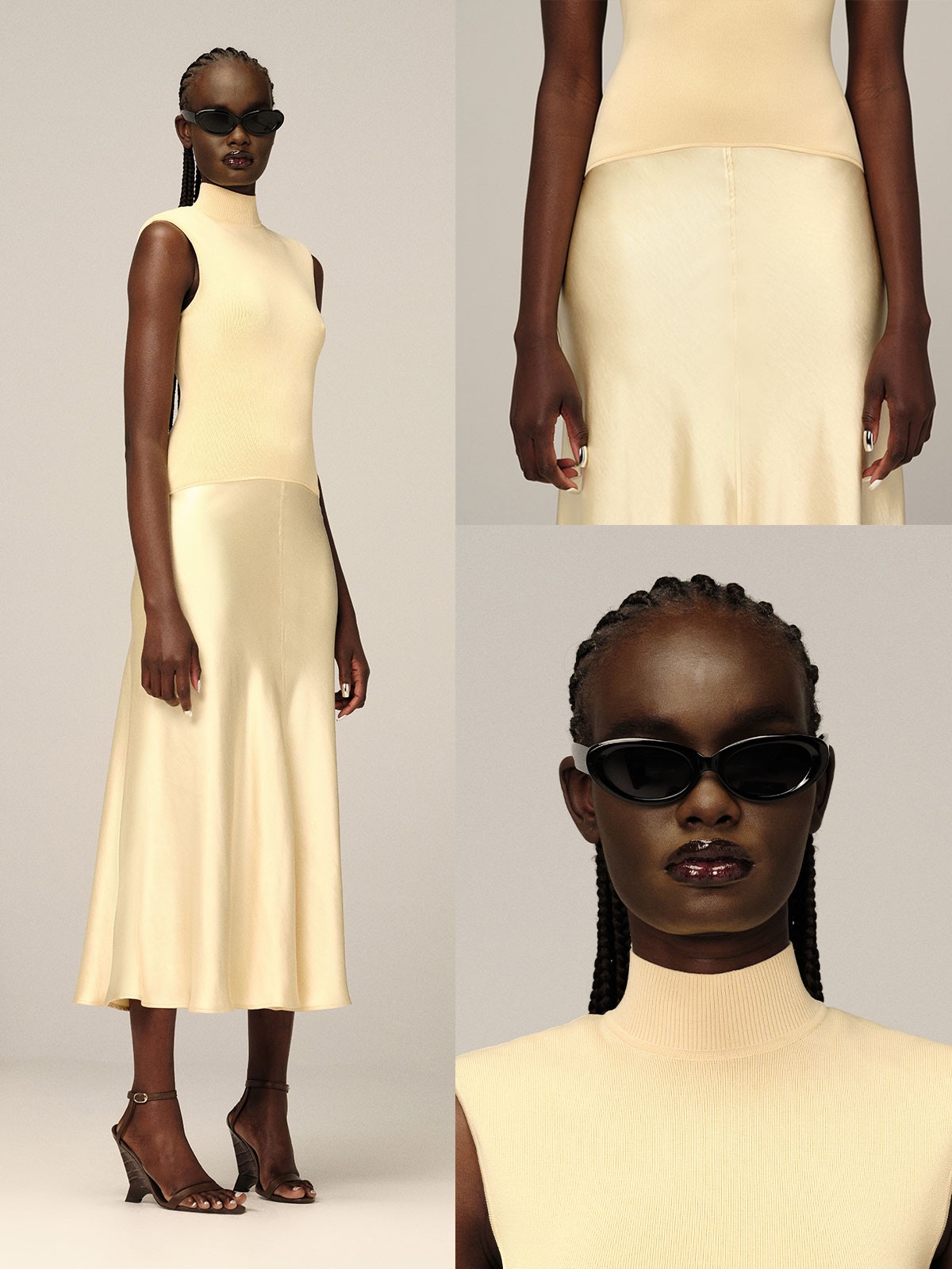 Knit Drop Waist Midi Dress With Satin Skirt