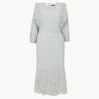 Pure Cotton Striped Midi Waisted Dress
