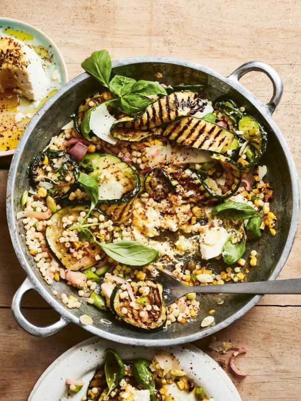 Fregola With Courgettes, Corn, Basil & Ricotta