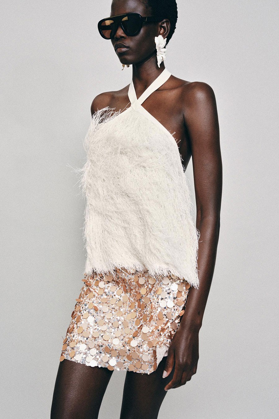 Halter Top With Feathers & Metallic Thread