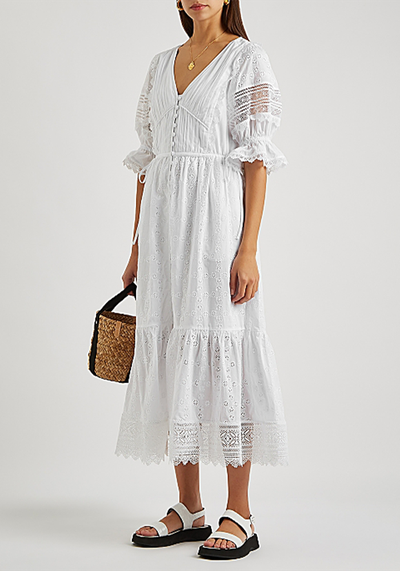 White Broderie Anglaise Midi Dress from Self-Portrait