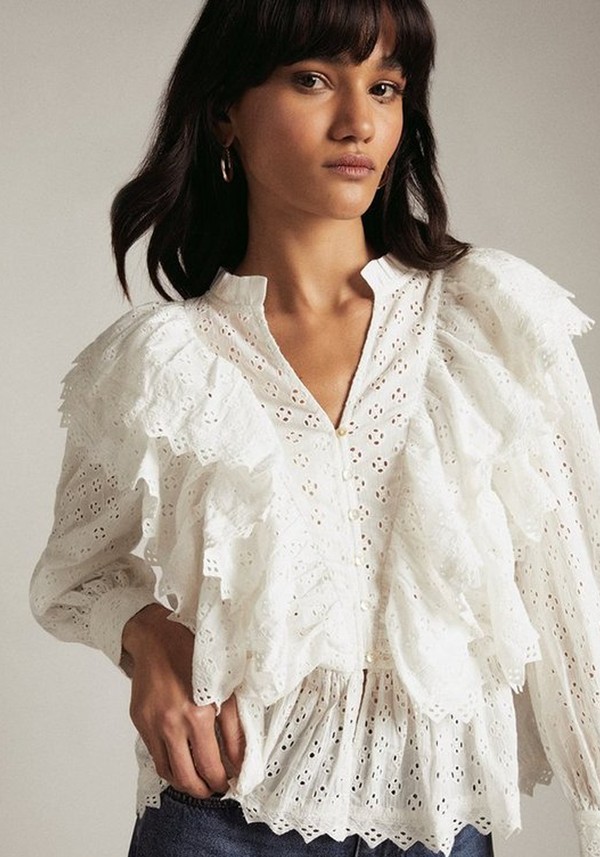 Cotton Embroidery Ruffle Woven Shirt