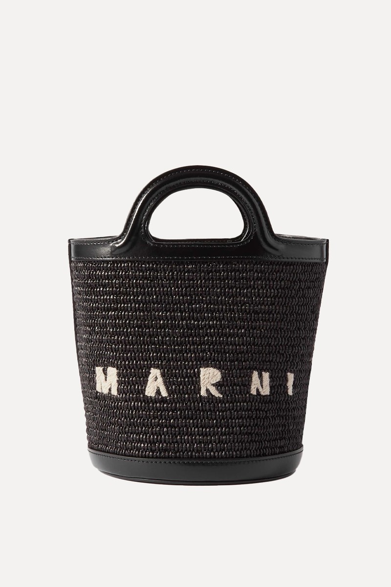 Tropicalia Small Leather-Trimmed Embroidered Raffia Bucket Bag from MARNI