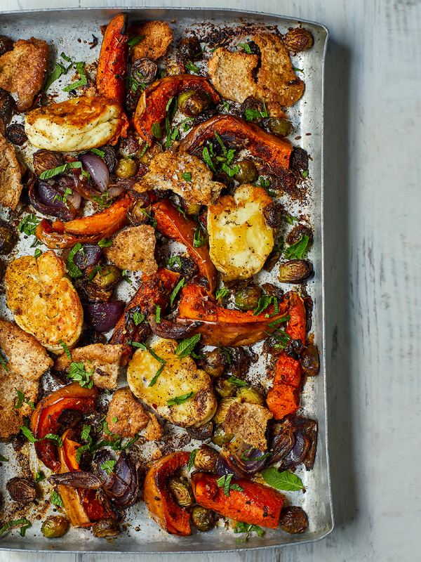 Cinnamon & Cumin Roasted Winter Vegetables With Baked Halloumi