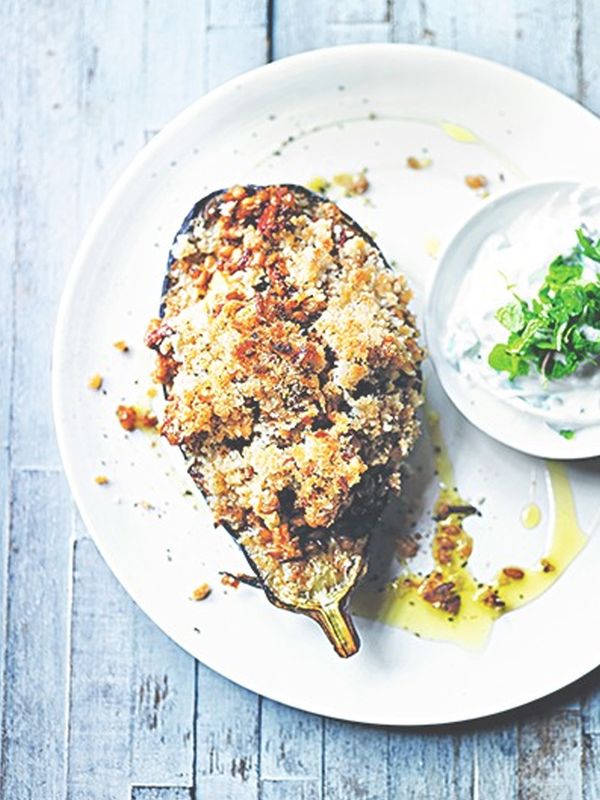 Baked Aubergine With Red Rice & Smoked Tofu