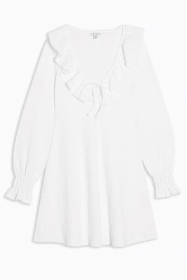 White Crinkle Ruffle Mini Dress