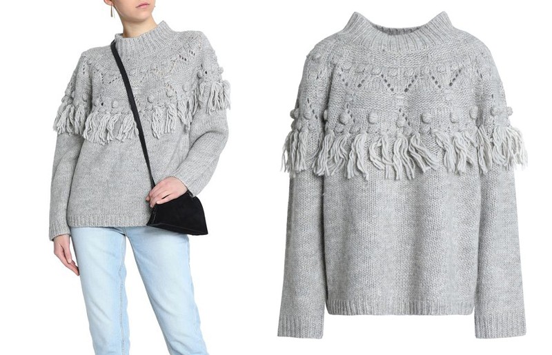 Pompom Embellished Tasseled Wool Blend Sweater from Rachel Zoe