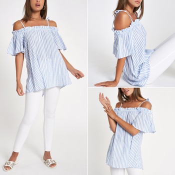  Blue Stripe Bow Strap Cold Shoulder Top