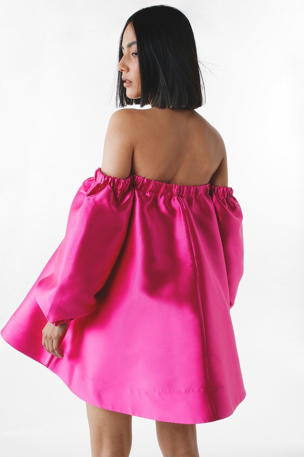 Structured Bardot Puff Sleeve Mini Prom Dress