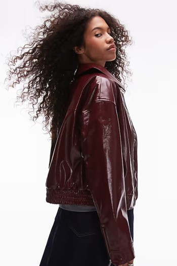  Faux Leather Vinyl Bomber Jacket