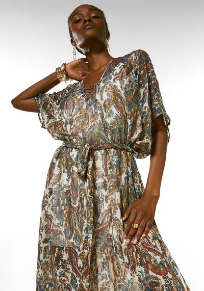 Paisley Trimmed Woven Kaftan Dress