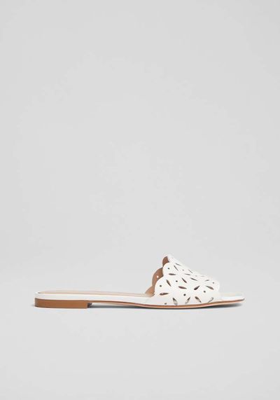 Amaya White Leather Perforated Flat Mules