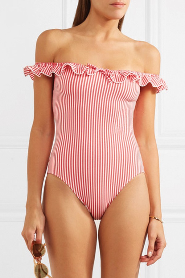 Amelia Off-The-Shoulder Ruffle-Trimmed Seersucker Swimsuit from Solid &Striped