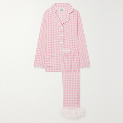 Feather-Trimmed Gingham Crepe De Chine Pajama Set, £220 | Sleeper