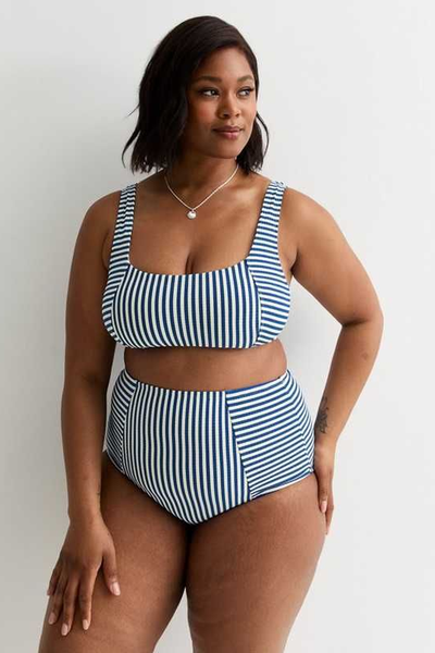 Curves Blue Stripe Crop Bikini Top from New Look