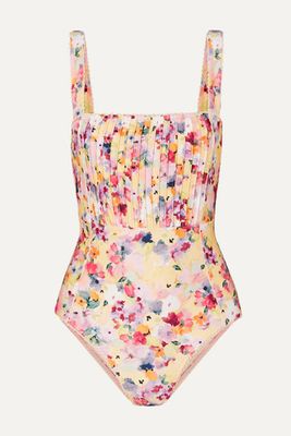 Crochet-Trimmed Pintucked Floral-Print Swimsuit from Peony