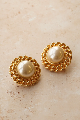 Vintage Statement Pearl & Chain Domed Clip-On Earrings from Orelia