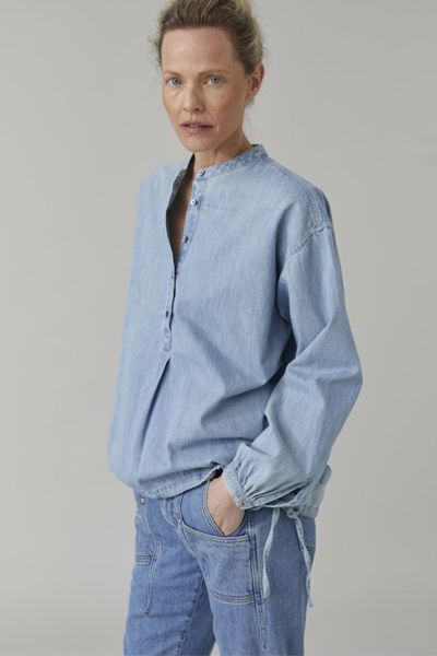 Denim Blouse With Stand Up Collar