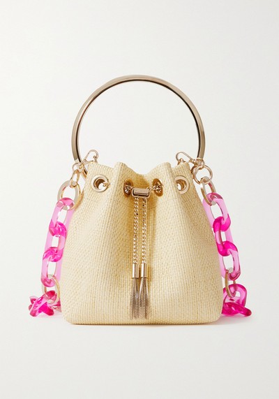 Bon Bon Small Acrylic-Trimmed Raffia Bucket Bag from Jimmy Choo