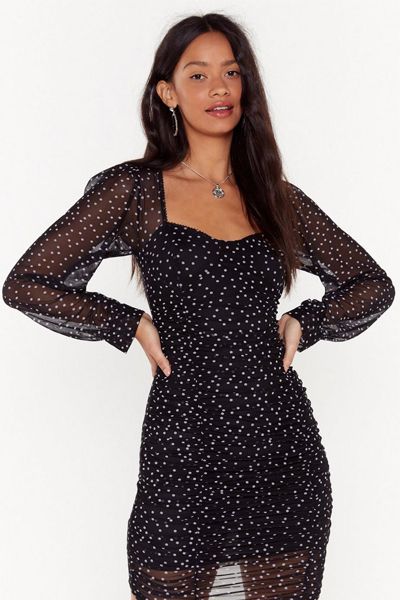 Polka Ruched Mini Mesh Dress