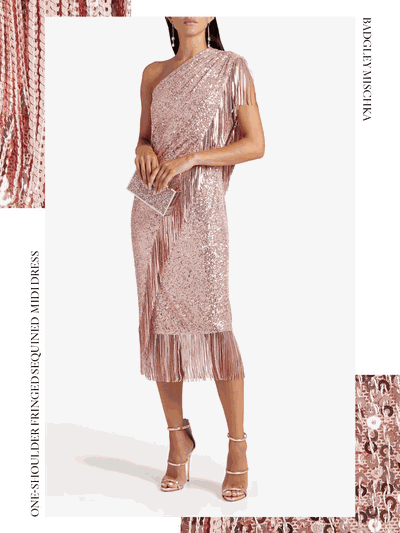 One-Shoulder Fringed Sequined Stretch-Tulle Midi Dress from Badgley Mischka