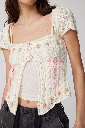 Kimchi Blue Kourtney Floral Embroidered Short Sleeve Cardigan