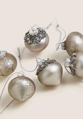 6 Pack Silver Glass Hanging Baubles