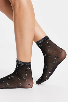 Sheer Sparkle Star Anklet Sock In Black from Pretty Polly