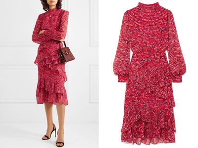 Isa ruffled printed silk-chiffon midi dress from Saloni