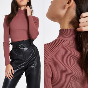 Ribbed Shoulder Roll Neck Top