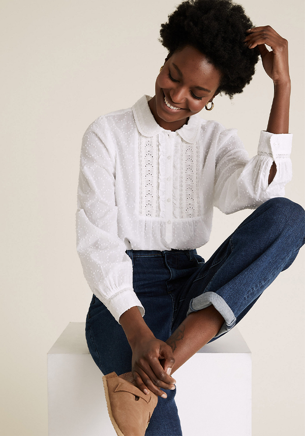 Pure Cotton Textured Lace Insert Blouse from Marks & Spencer