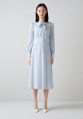 Marcellin Blue and Cream Stripe Silk Dress