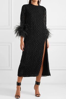 Feather-Trimmed Flocked Tulle Midi Dress from 16Arlington