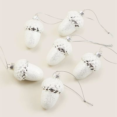 6 Pack Silver Glitter Glass Acorn Baubles