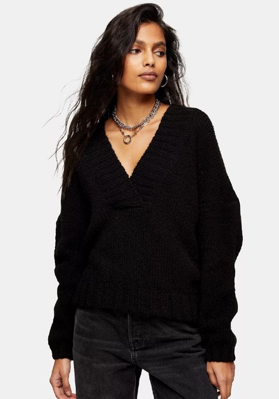 Black Brushed Longline V Neck Knitted Jumper