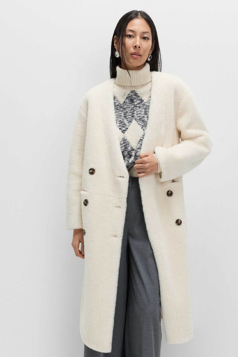 Borg Collarless Double Breasted Longline Coat